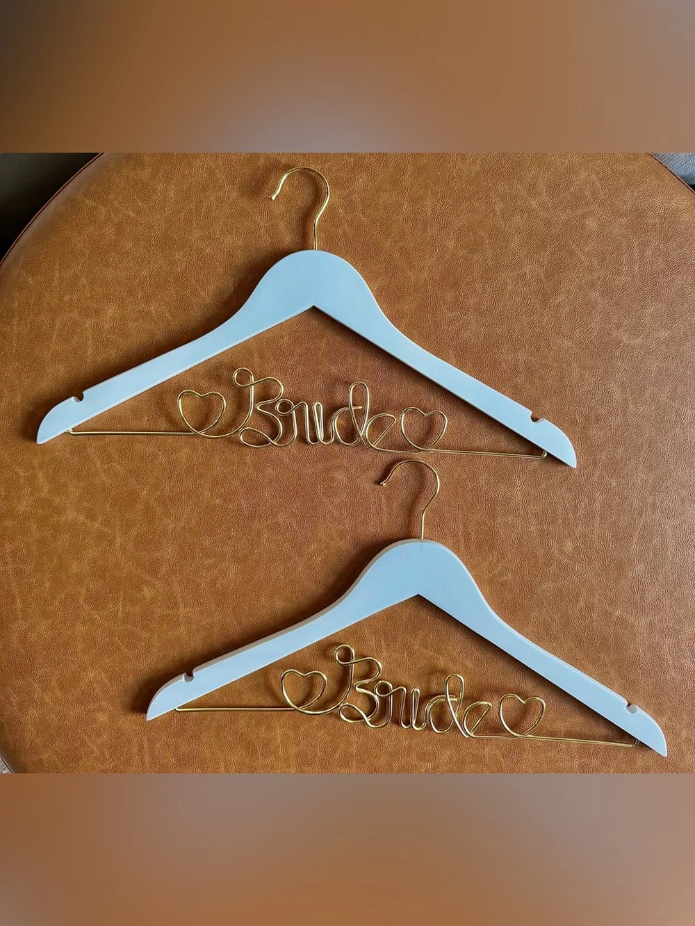 Set of 2 Bride Wedding Dress Hangers White Wood Gold Wire Hearts